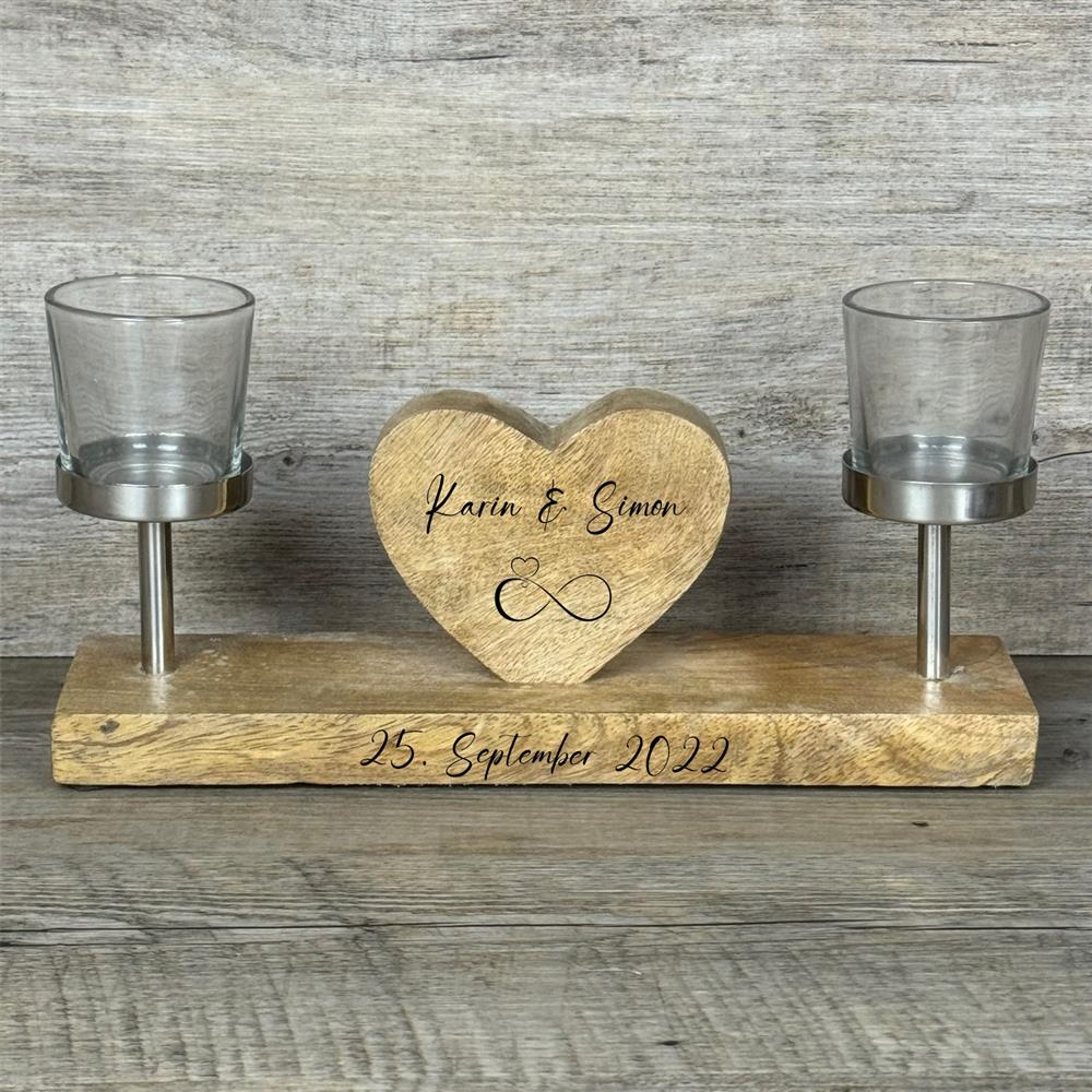 Herz aus Mangoholz mit 2 Windlichtern, personalisierbar