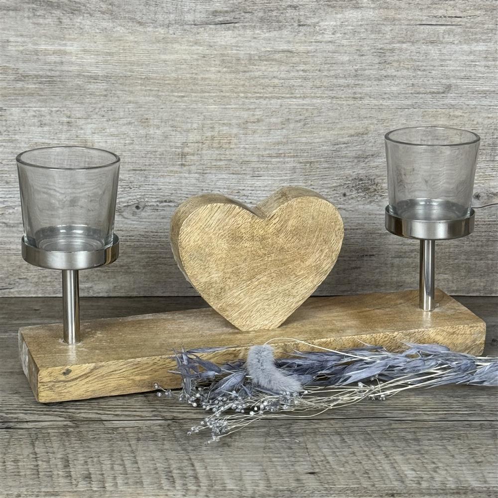 Herz aus Mangoholz mit 2 Windlichtern, personalisierbar