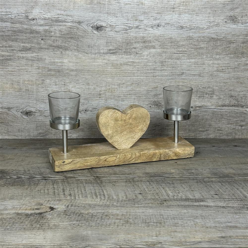 Herz aus Mangoholz mit 2 Windlichtern, personalisierbar