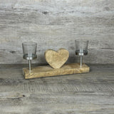 Herz aus Mangoholz mit 2 Windlichtern, personalisierbar