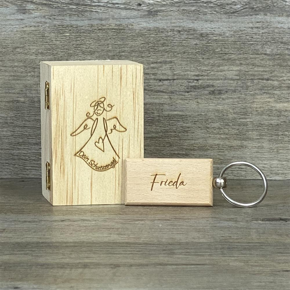 Holzkästchen Schutzengel mit Schlüsselanhänger, personalisiert