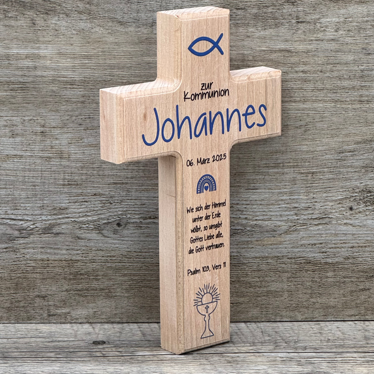 Holzkreuz, Kommunion - Fisch, personalisiert