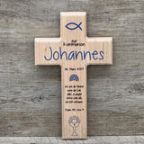 Holzkreuz, Kommunion - Fisch, personalisiert