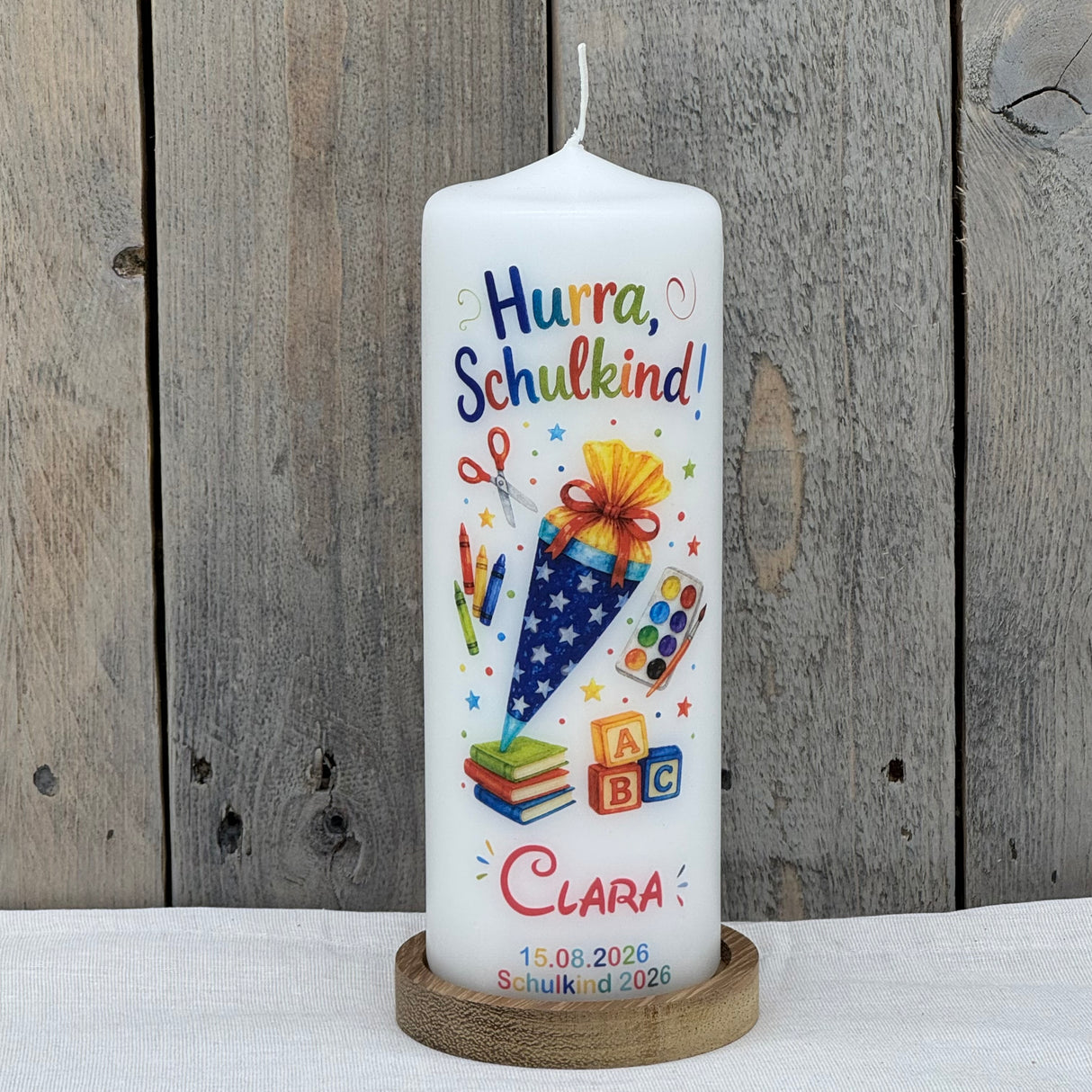 Kerze zur Einschulung - Hurra, Schulkind!