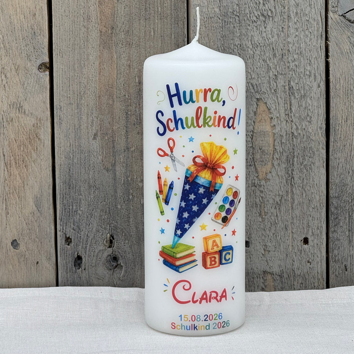 Kerze zur Einschulung - Hurra, Schulkind!