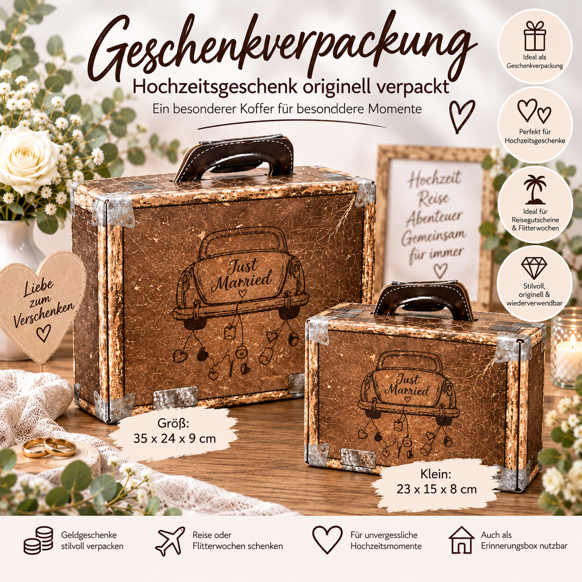 Geschenkkoffer Lederoptik „Just Married“ – Geschenkverpackung zur Hochzeit