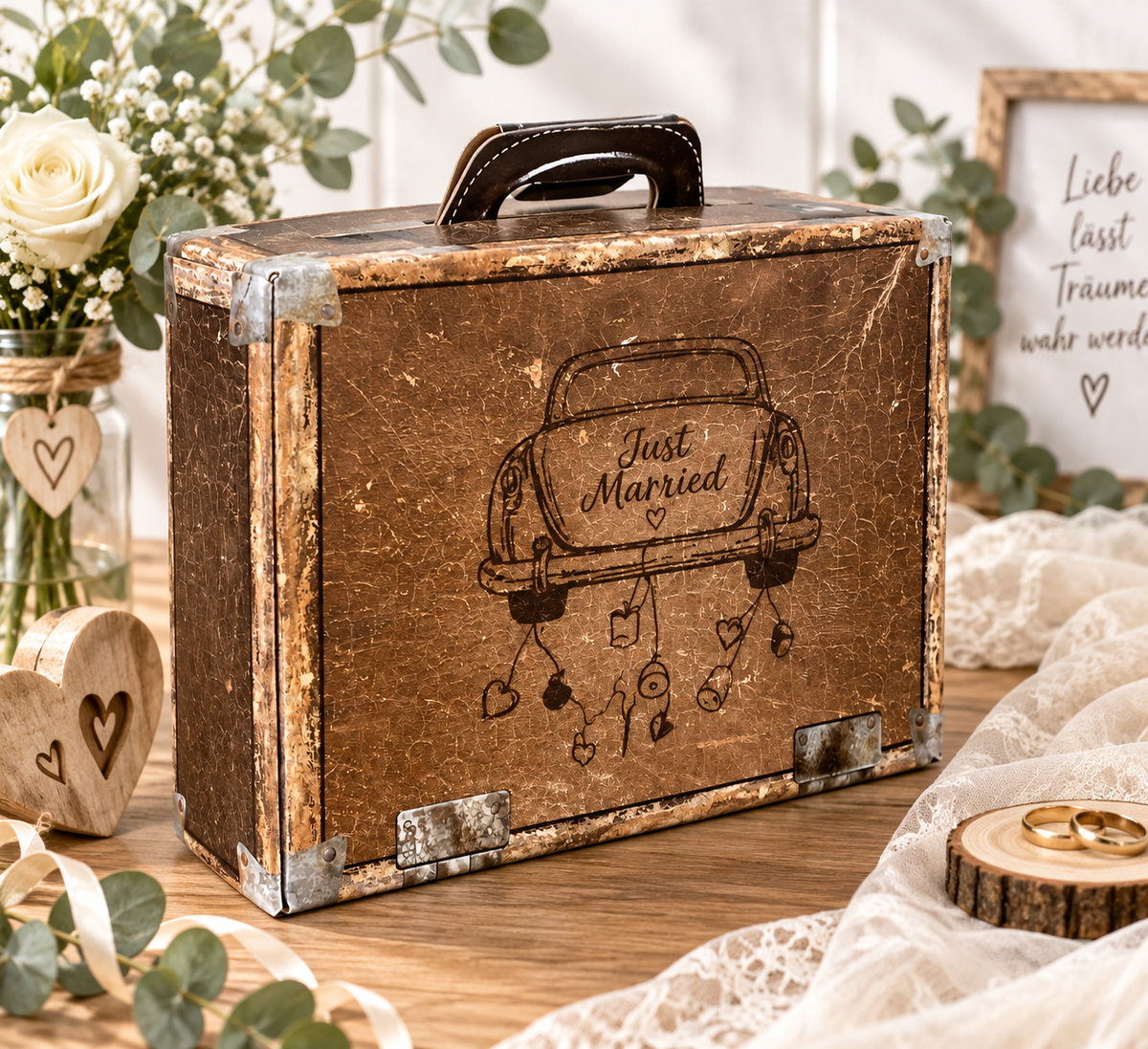 Geschenkkoffer Lederoptik „Just Married“ – Geschenkverpackung zur Hochzeit