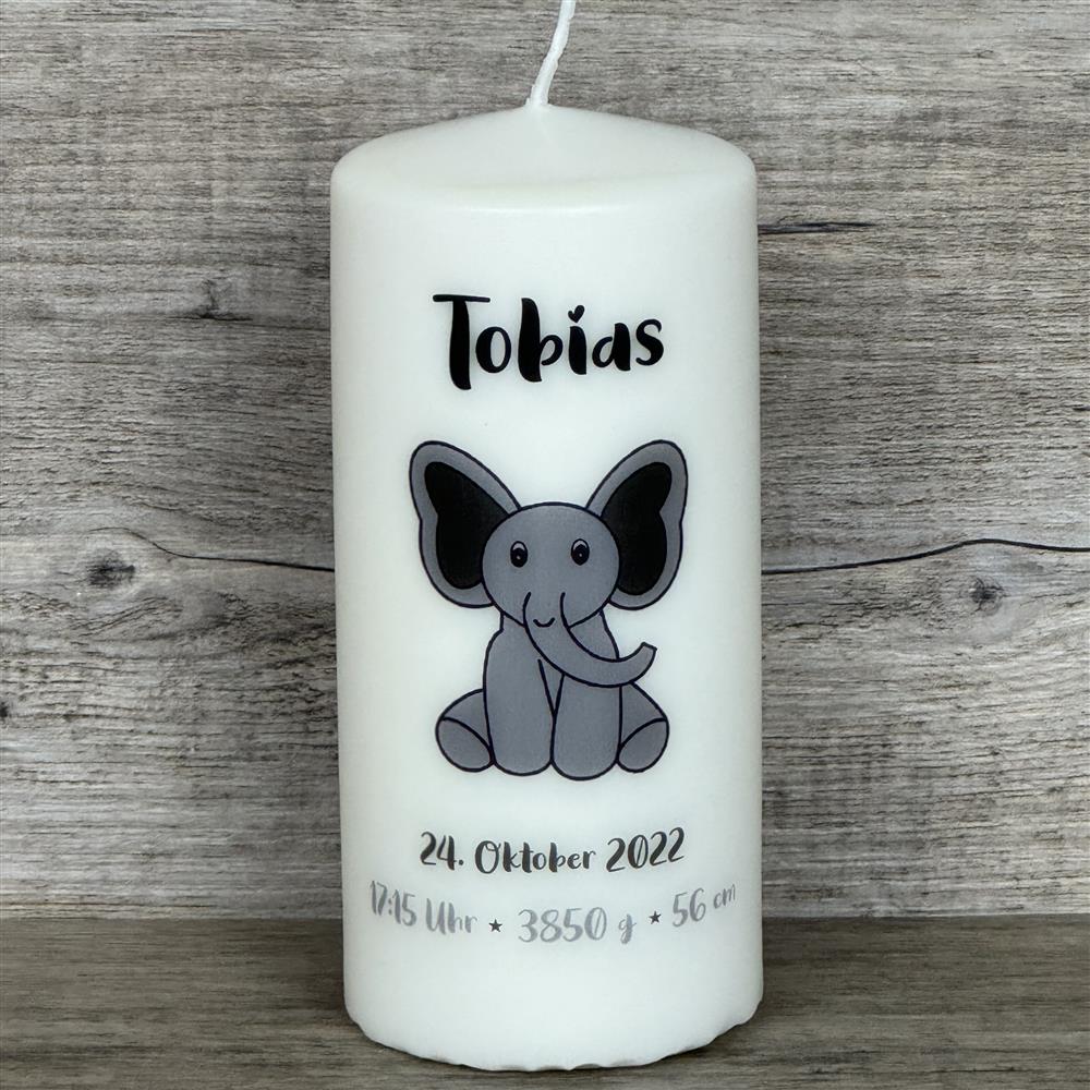 Kerze 15 x 6cm,  Geburt - Elefant, personalisiert