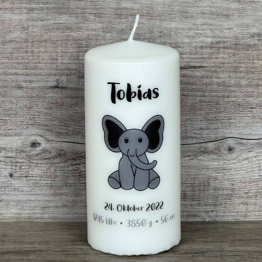 Kerze 15 x 6cm,  Geburt - Elefant, personalisiert