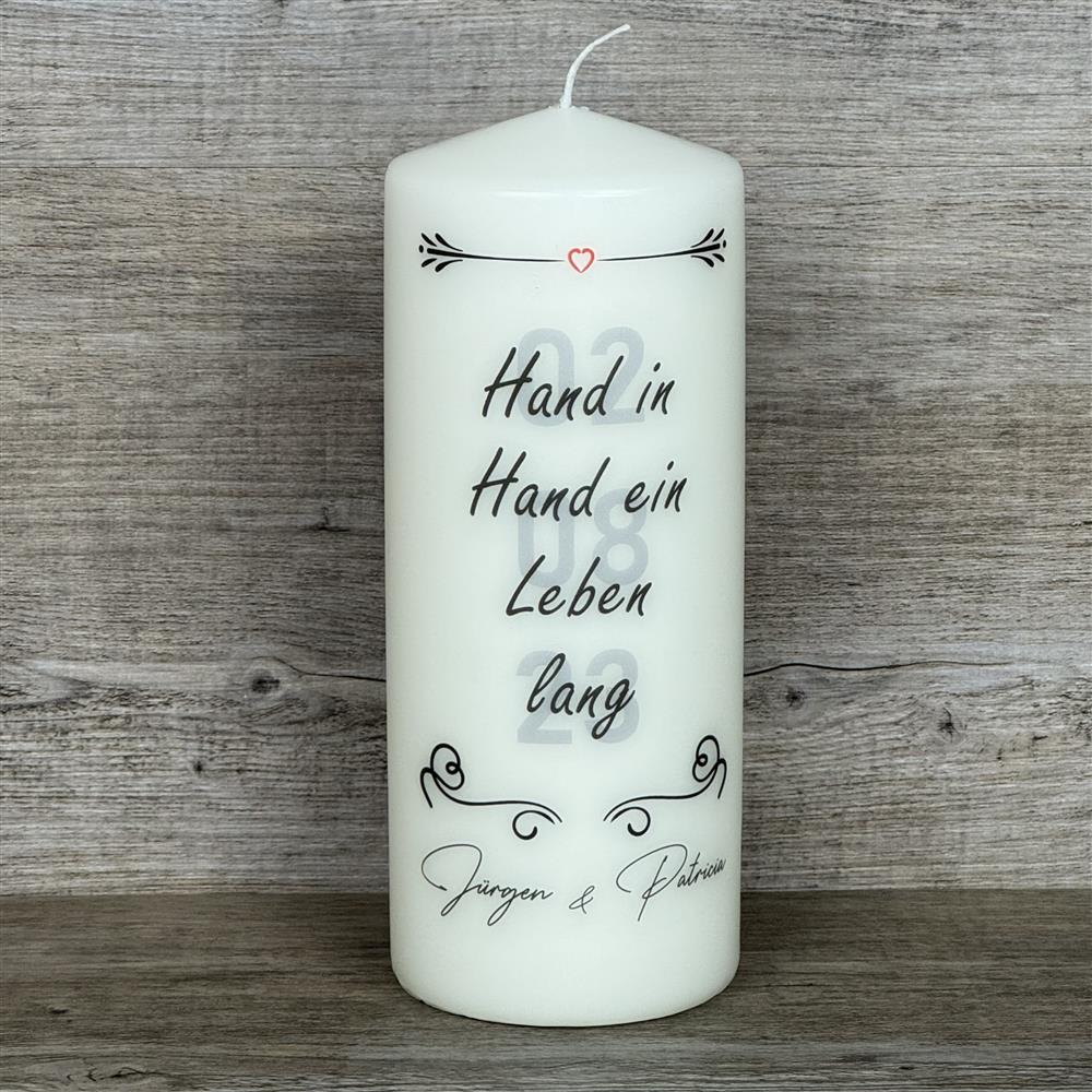 Kerze 20 x 8cm, Hochzeit - Hand in Hand ein Leben lang, personalisierbar