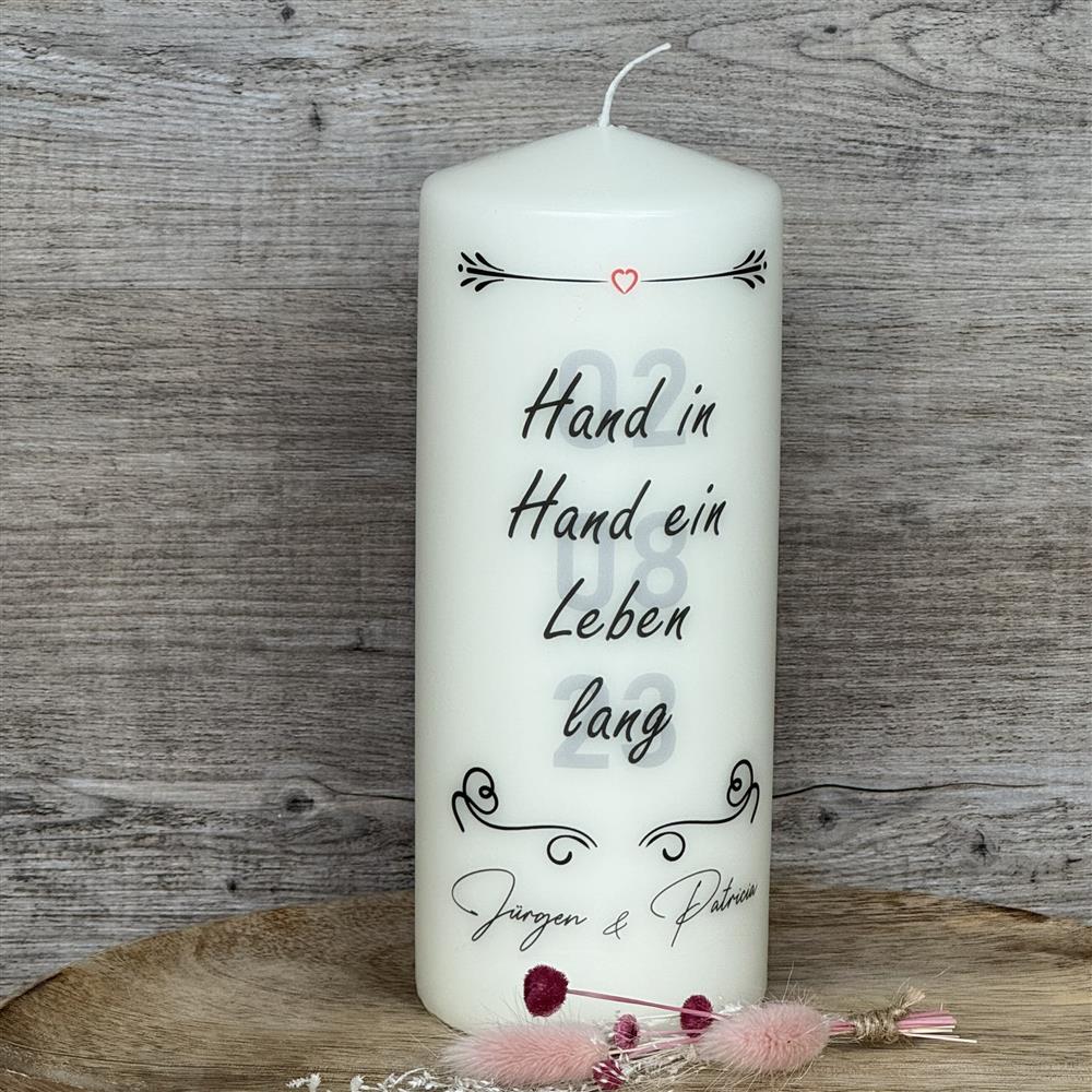 Kerze 20 x 8cm, Hochzeit - Hand in Hand ein Leben lang, personalisierbar