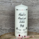 Kerze 20 x 8cm, Hochzeit - Hand in Hand ein Leben lang, personalisierbar
