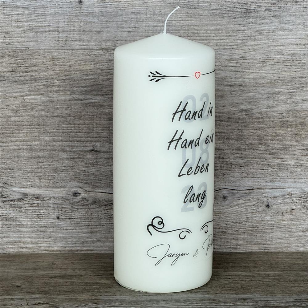 Kerze 20 x 8cm, Hochzeit - Hand in Hand ein Leben lang, personalisierbar