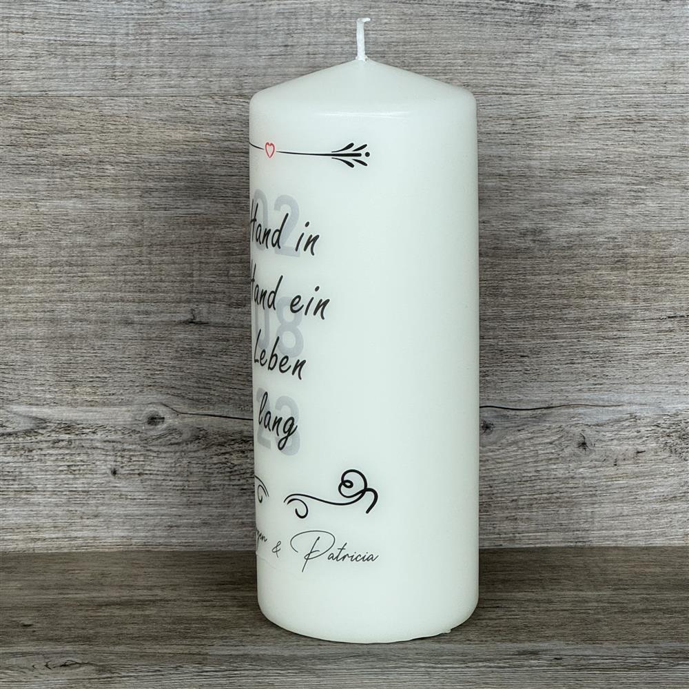 Kerze 20 x 8cm, Hochzeit - Hand in Hand ein Leben lang, personalisierbar