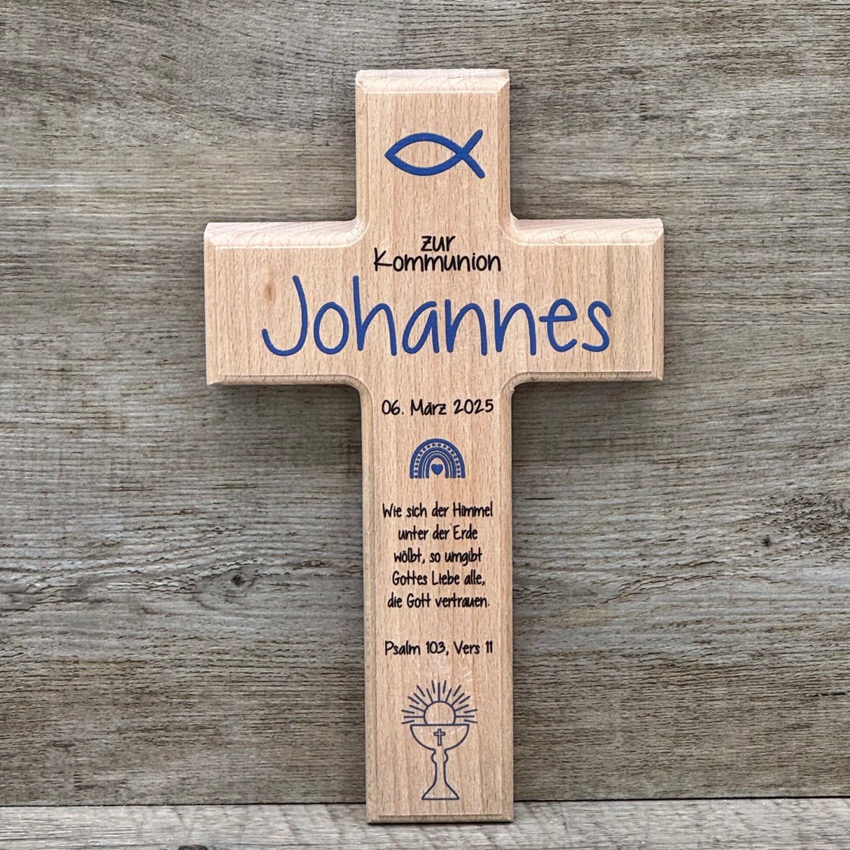 Holzkreuz, Kommunion - Fisch, personalisiert