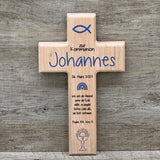 Holzkreuz, Kommunion - Fisch, personalisiert