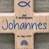 Holzkreuz, Kommunion - Fisch, personalisiert