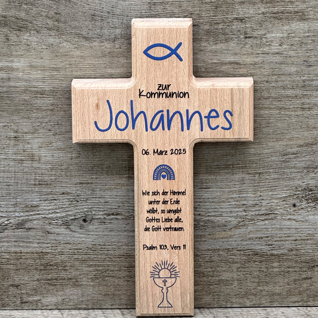 Holzkreuz, Kommunion - Fisch, personalisiert