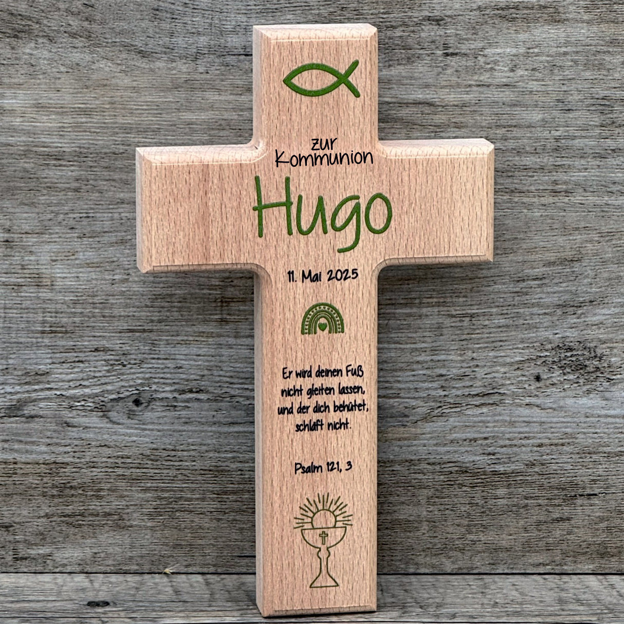 Holzkreuz, Kommunion - Fisch, personalisiert