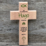 Holzkreuz, Kommunion - Fisch, personalisiert