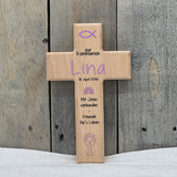 Holzkreuz, Kommunion - Fisch, personalisiert