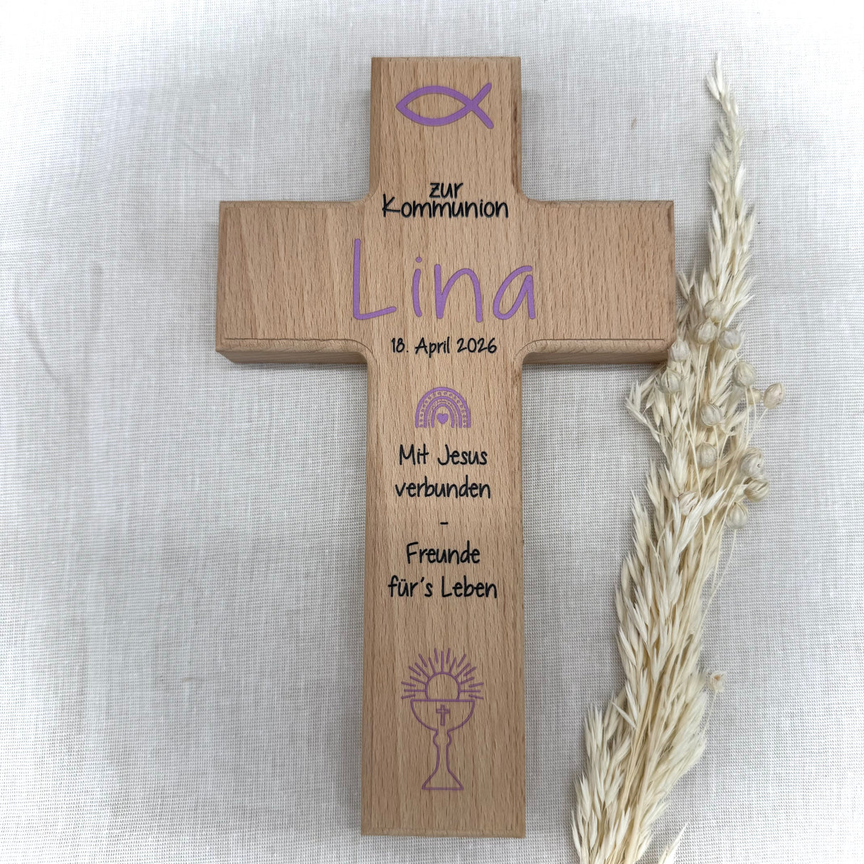 Holzkreuz, Kommunion - Fisch, personalisiert