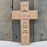 Holzkreuz, Kommunion - Fisch, personalisiert