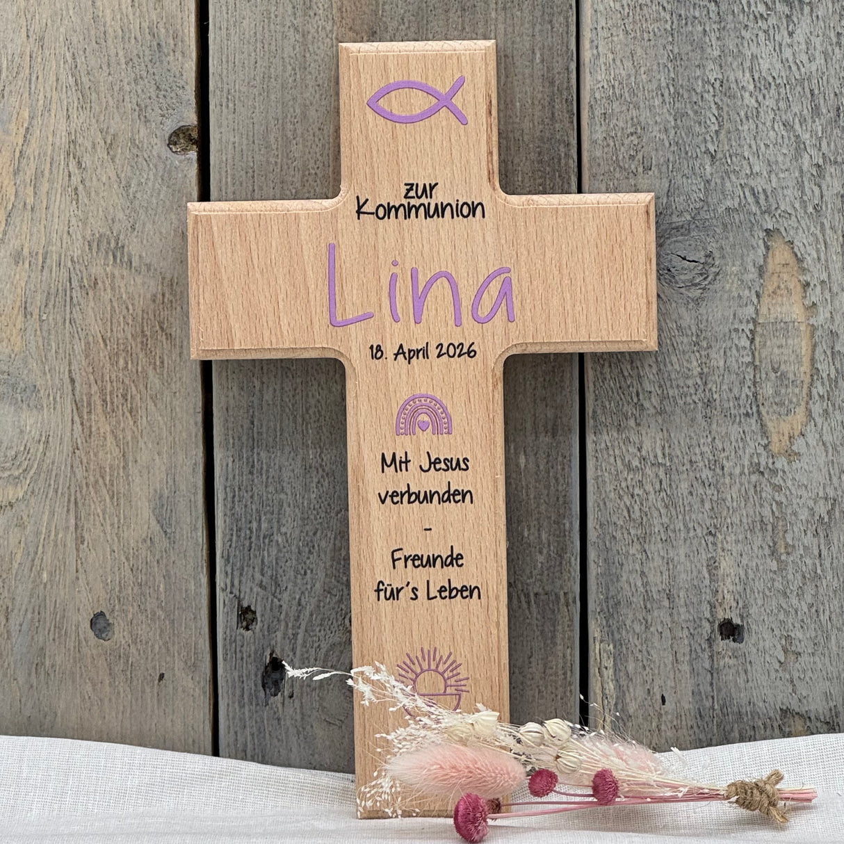 Holzkreuz, Kommunion - Fisch, personalisiert