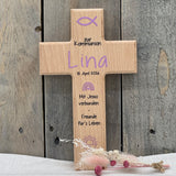 Holzkreuz, Kommunion - Fisch, personalisiert