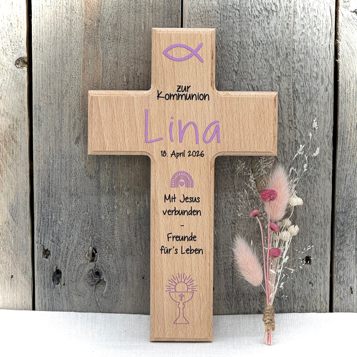 Holzkreuz, Kommunion - Fisch, personalisiert