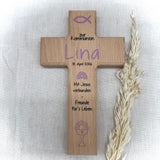 Holzkreuz, Kommunion - Fisch, personalisiert