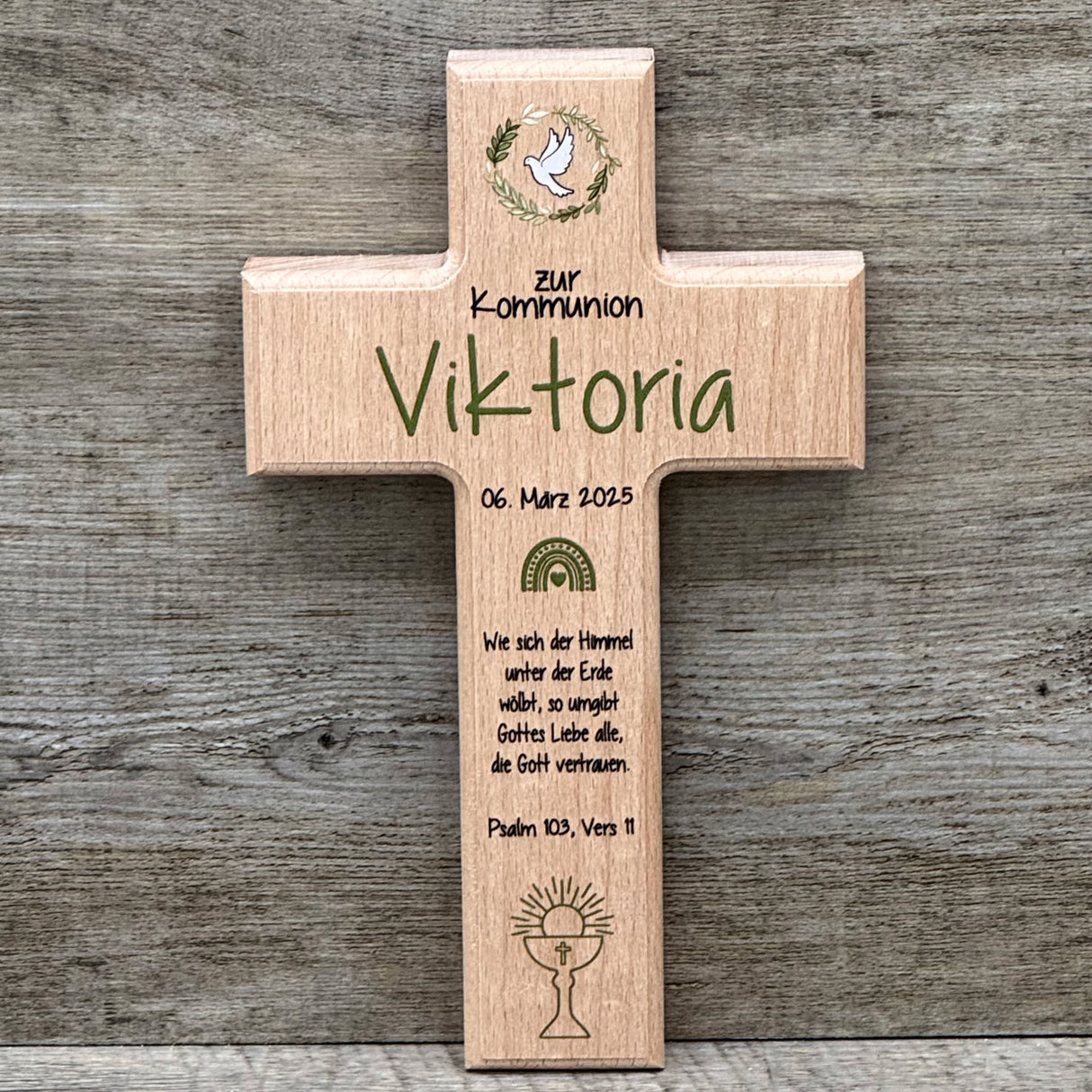 Holzkreuz, Kommunion - Taube personalisiert
