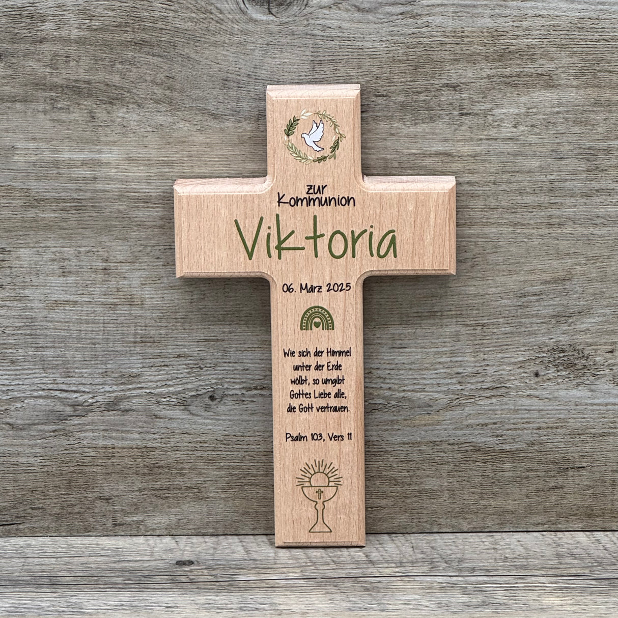 Holzkreuz, Kommunion - Taube personalisiert