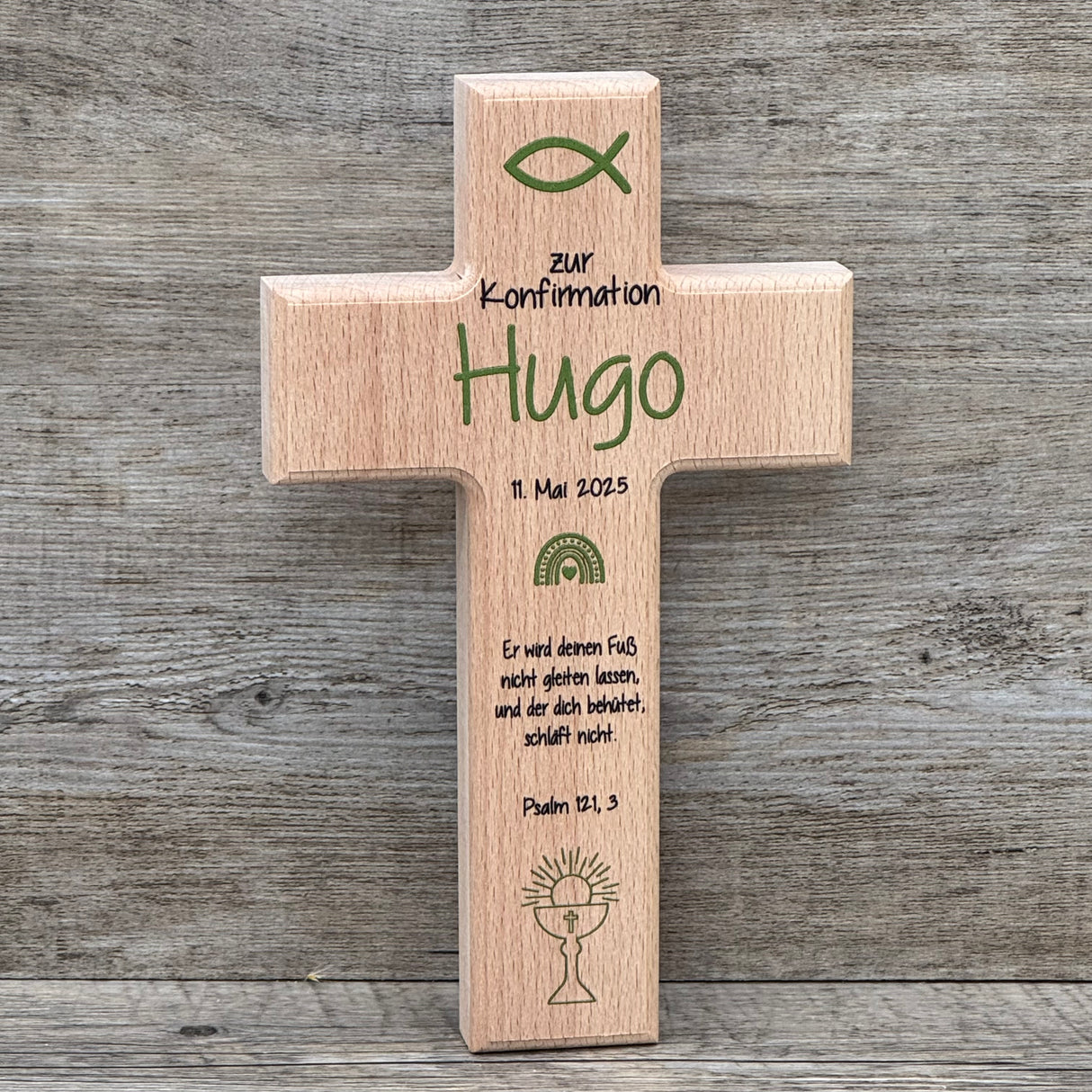 Holzkreuz, Konfirmation - Fisch, personalisiert