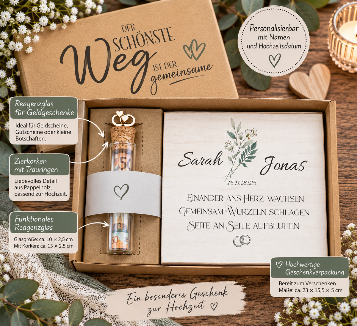 Geschenkset zur Hochzeit – personalisiertes Geldgeschenk für das Brautpaar