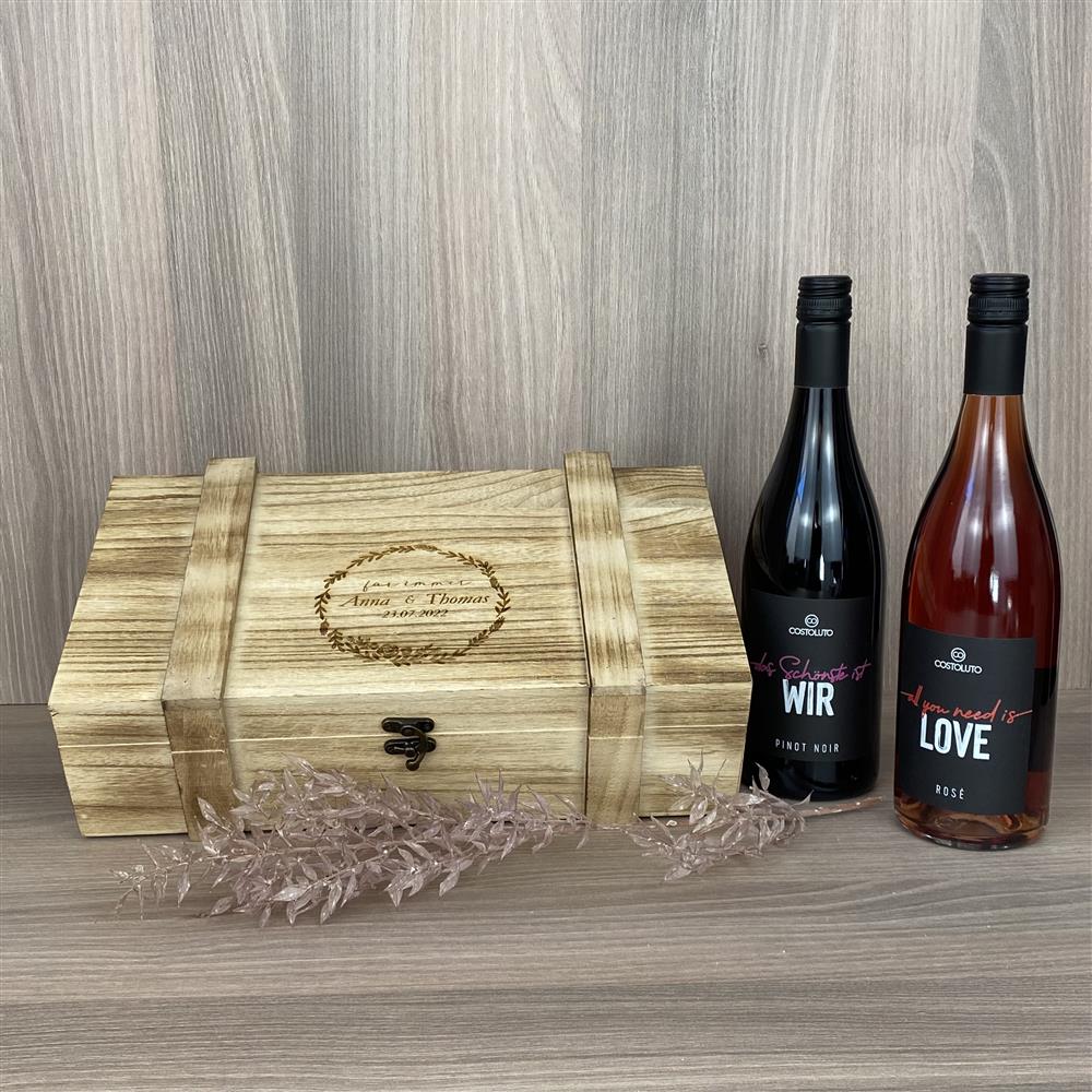 Weinkiste für zwei Flaschen Wein, Beschriftung 'für immer', personalisierbar