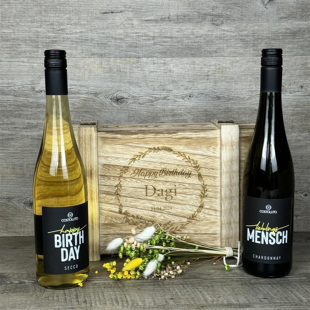Weinkiste für zwei Flaschen Wein, Beschriftung 'Happy Birthday', personalisierbar