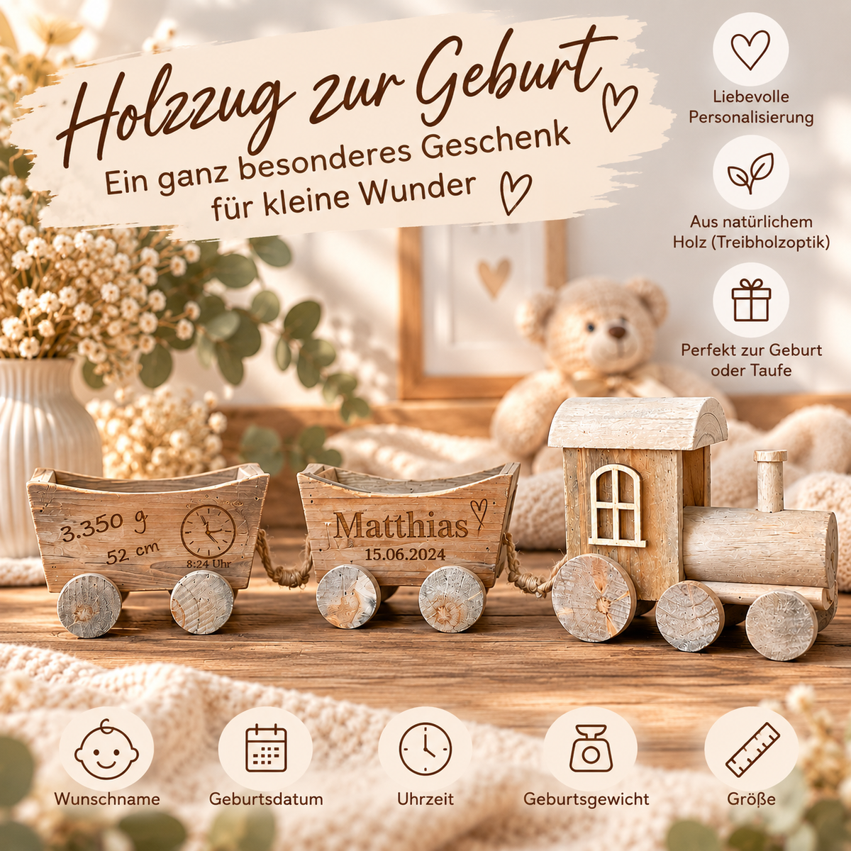 Personalisierter Holzzug zur Geburt – Geschenk mit Geburtsdaten aus Holz