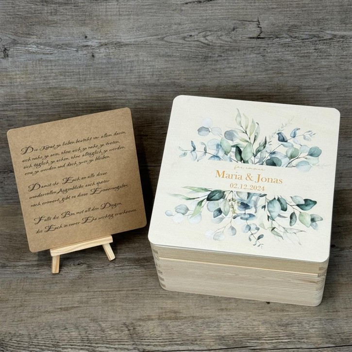 Erinnerungsbox Hochzeit, Aufdruck "Bouquet Eukalyptus", personalisiert