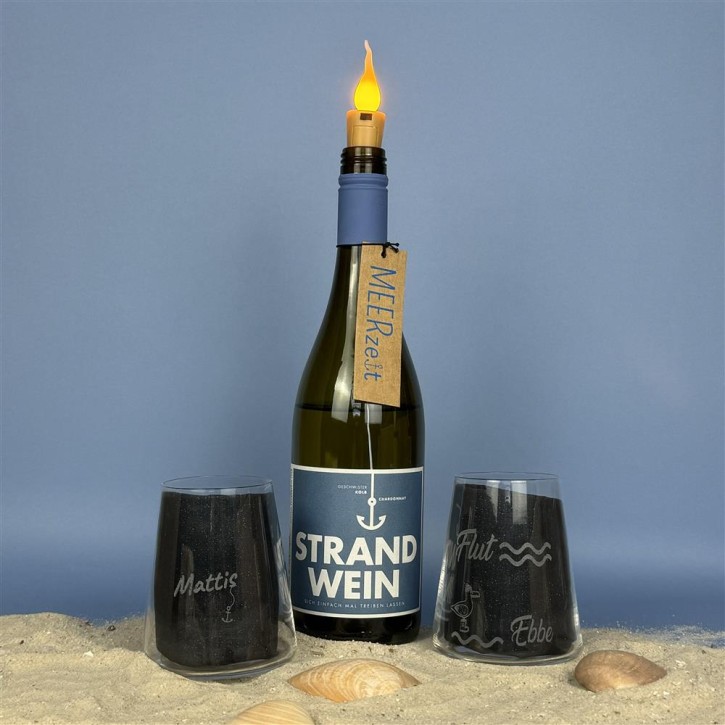 Geschenkpaket "Der Strand hat angerufen und gefragt wo Du bleibst...", groß, Strandwein Chardonnay, inkl. LED Kerzenlicht