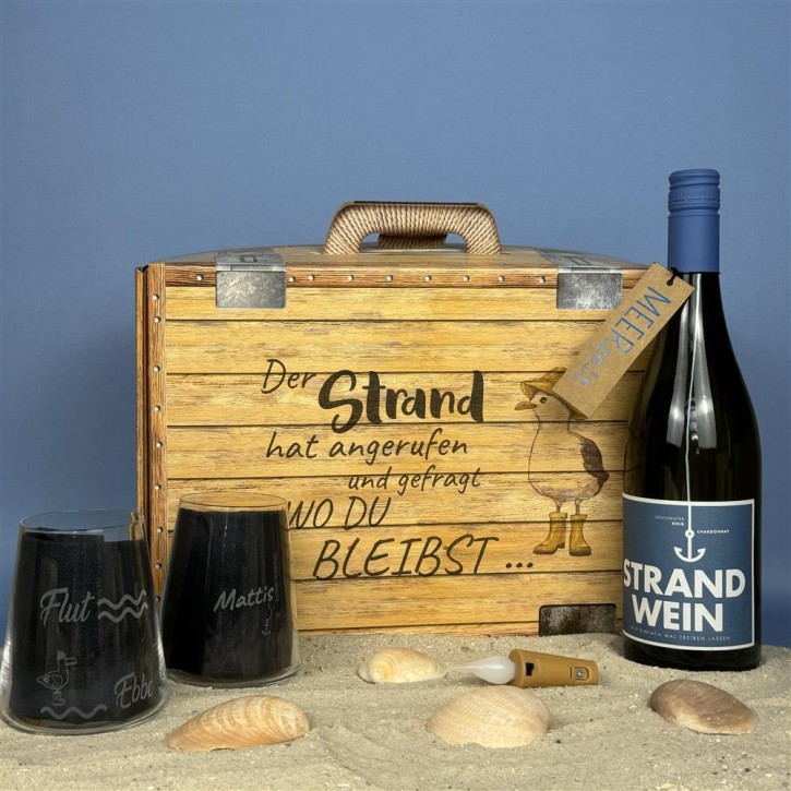 Geschenkpaket "Der Strand hat angerufen und gefragt wo Du bleibst...", groß, Strandwein Chardonnay, inkl. LED Kerzenlicht