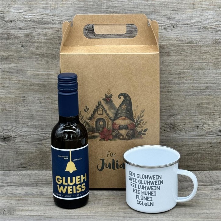 Geschenkpaket Glühwein, klein, weiss, personalisierbar