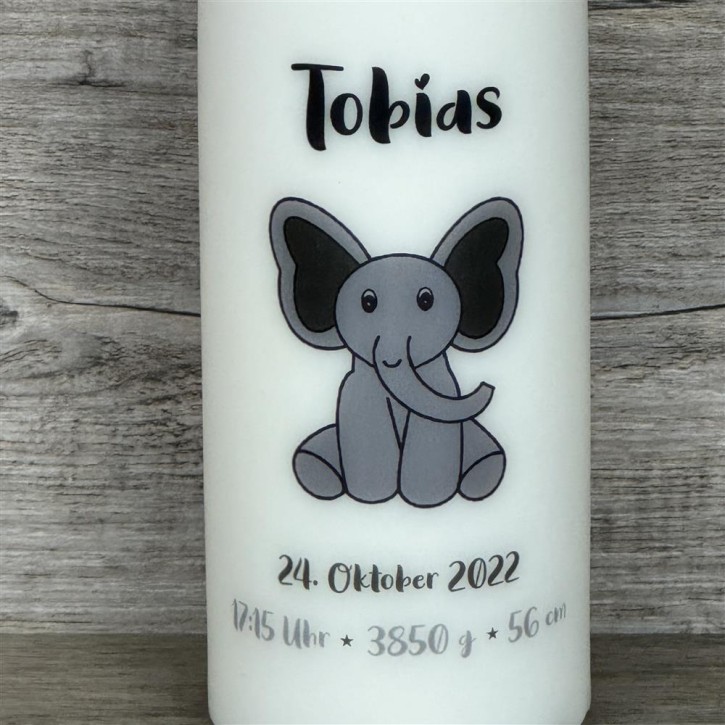 Kerze 15 x 6cm,  Geburt - Elefant, personalisiert