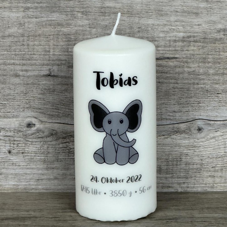 Kerze 15 x 6cm,  Geburt - Elefant, personalisiert