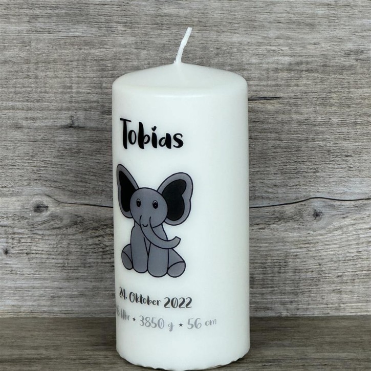 Kerze 15 x 6cm,  Geburt - Elefant, personalisiert