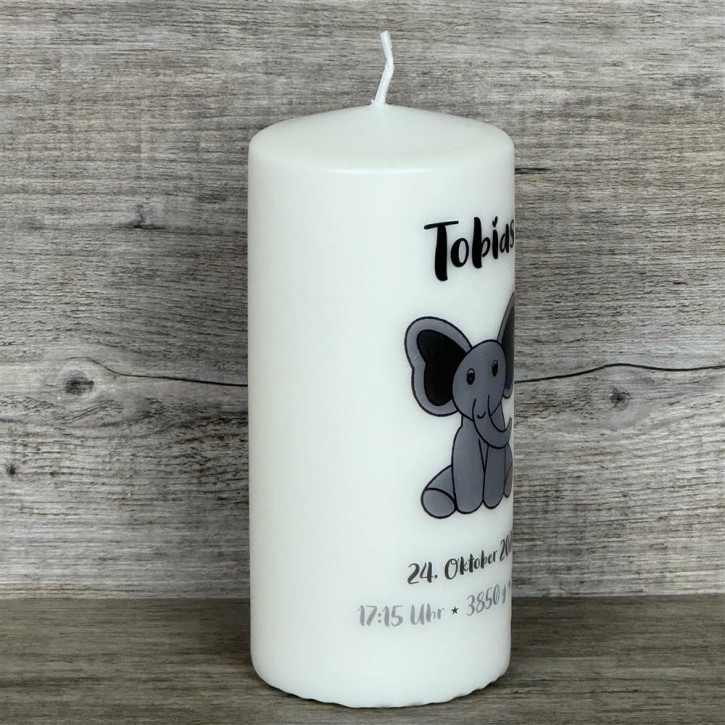 Kerze 15 x 6cm,  Geburt - Elefant, personalisiert