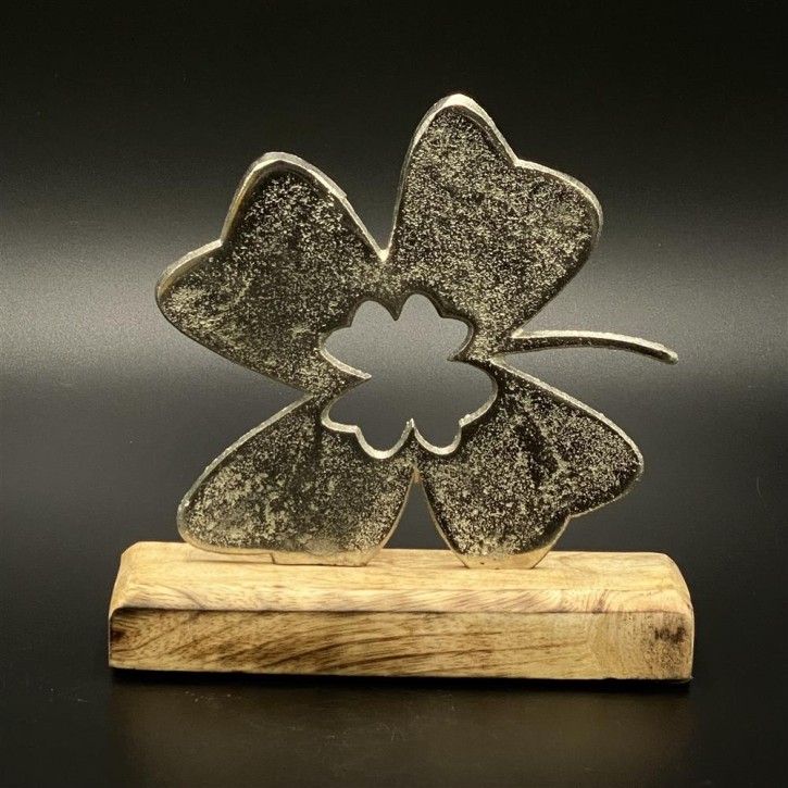 Kleeblatt aus Metall auf einem Mangoholzsockel, personalisierbar