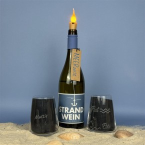 Geschenkpaket "Der Strand hat angerufen und gefragt wo Du bleibst...", groß, Strandwein Chardonnay, inkl. LED Kerzenlicht
