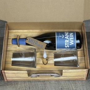 Geschenkpaket "Der Strand hat angerufen und gefragt wo Du bleibst...", groß, Strandwein Chardonnay, inkl. LED Kerzenlicht
