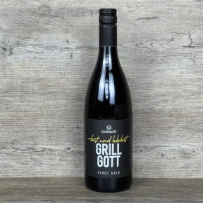 Geschenkpaket "Grillgott", personalisierte Grillzange und Weinflasche Grillgott